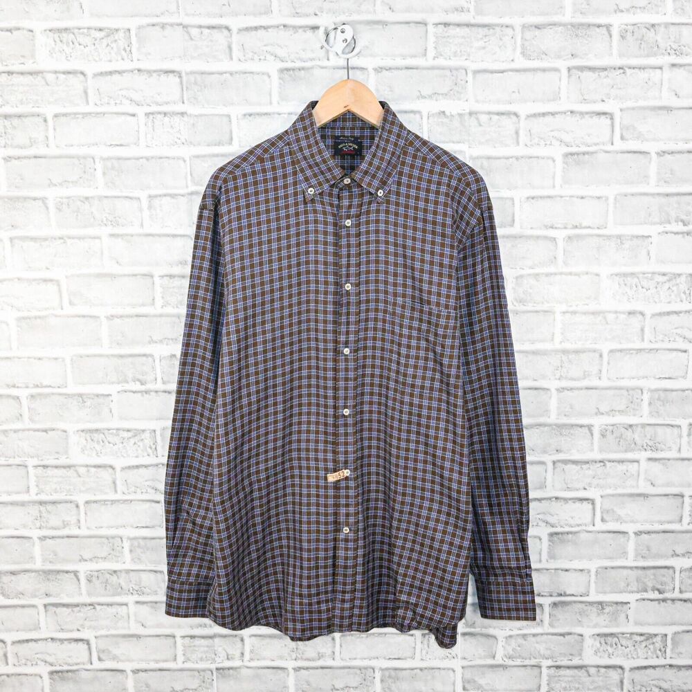 Paul & Shark Yachting Button Down Shirt Brown blue check sz L made in Italy